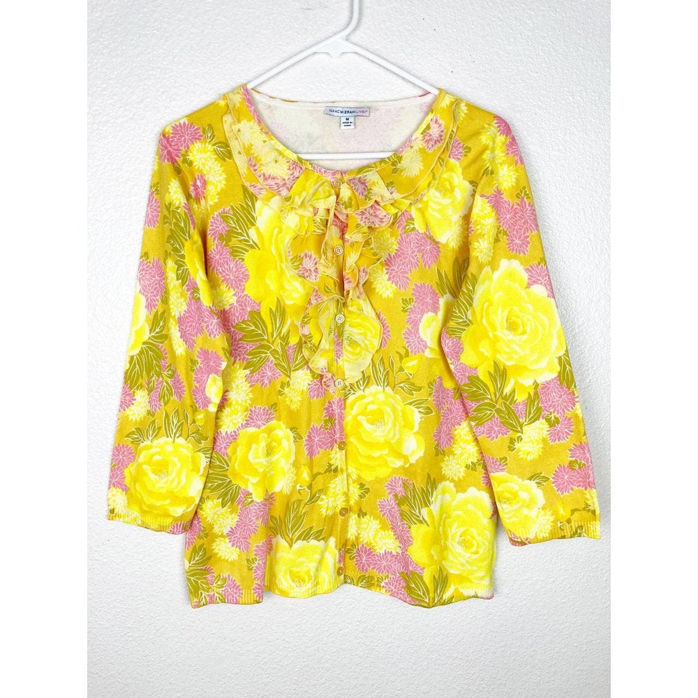 Isaac Mizrahi Cardigan Womens Medium Yellow Button Up Ruffle 3/4 Sleeve Sweater